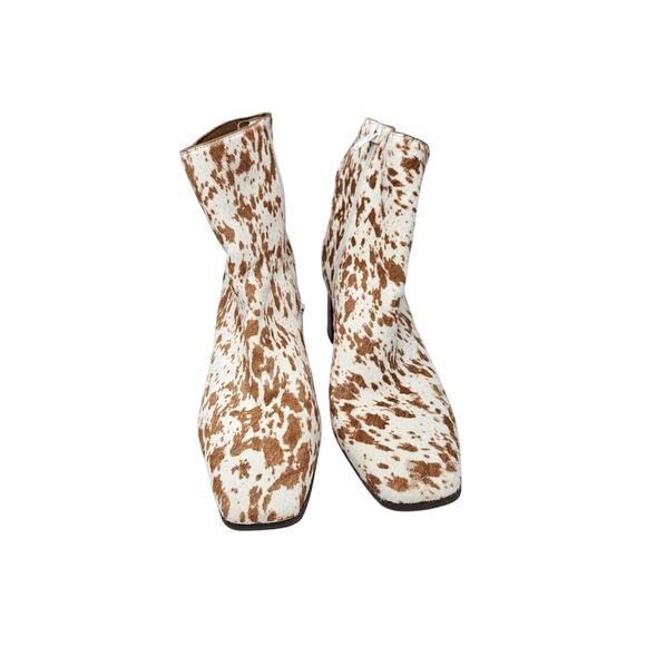INC 11 Brown Spotted Cow Print Calf Hair Square Toe Western Boot Boho Chunky - Picture 5 of 5